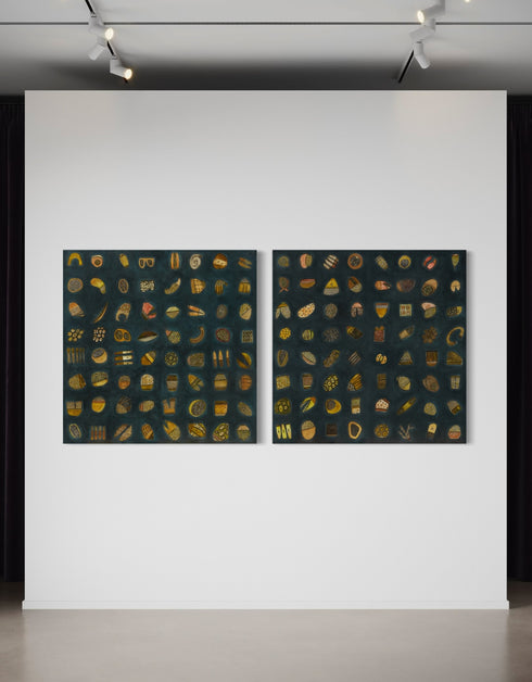 Abstract diptych featuring a charcoal background with deep green and blue undertones, adorned with 64 detailed objects and gold accents.