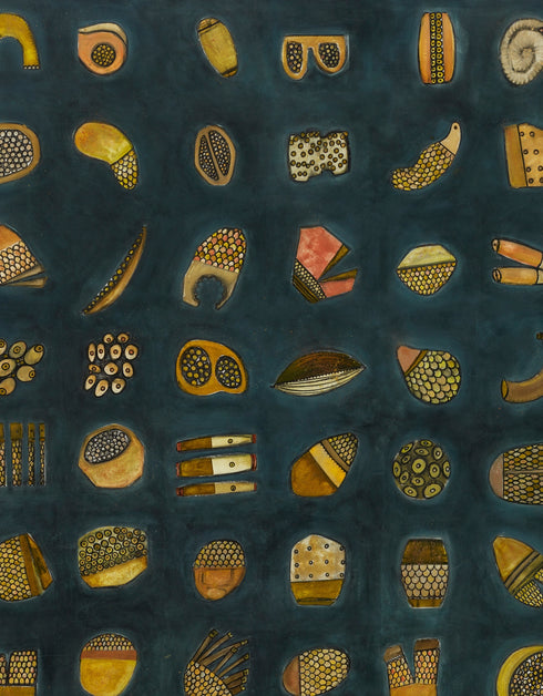 Abstract diptych featuring a charcoal background with deep green and blue undertones, adorned with 64 detailed objects and gold accents.