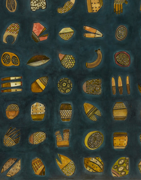 Abstract diptych featuring a charcoal background with deep green and blue undertones, adorned with 64 detailed objects and gold accents.