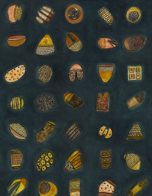 Abstract diptych featuring a charcoal background with deep green and blue undertones, adorned with 64 detailed objects and gold accents.