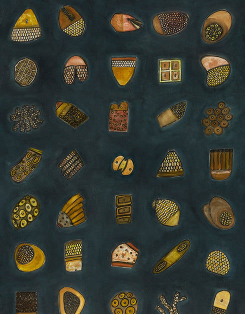 Abstract diptych featuring a charcoal background with deep green and blue undertones, adorned with 64 detailed objects and gold accents.