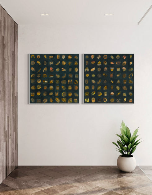 Abstract diptych featuring a charcoal background with deep green and blue undertones, adorned with 64 detailed objects and gold accents.