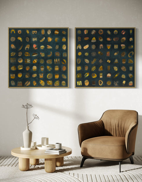 Abstract diptych featuring a charcoal background with deep green and blue undertones, adorned with 64 detailed objects and gold accents.