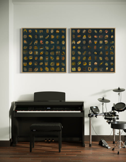 Abstract diptych featuring a charcoal background with deep green and blue undertones, adorned with 64 detailed objects and gold accents.