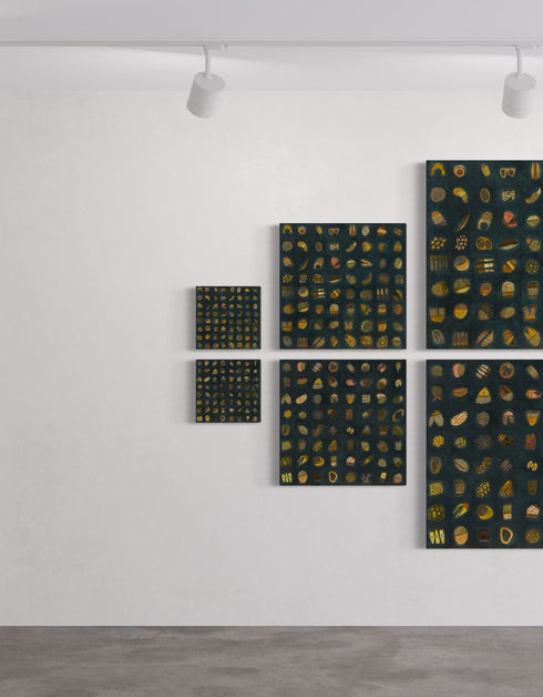 Abstract diptych featuring a charcoal background with deep green and blue undertones, adorned with 64 detailed objects and gold accents.