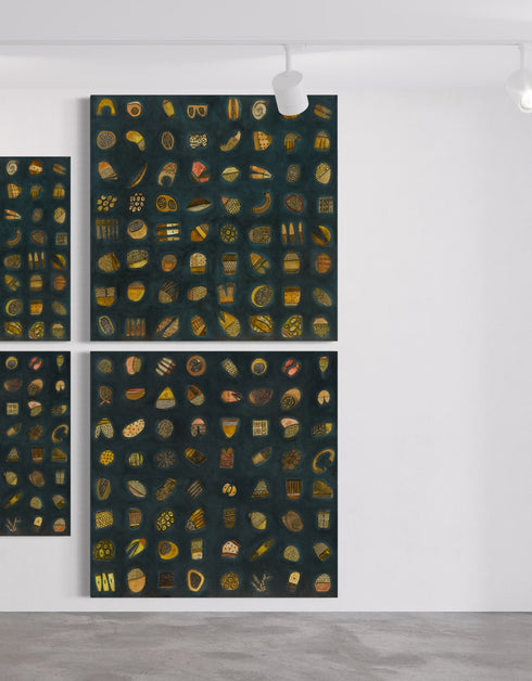 Abstract diptych featuring a charcoal background with deep green and blue undertones, adorned with 64 detailed objects and gold accents.