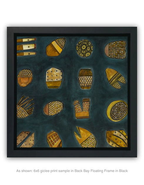 Abstract diptych featuring a charcoal background with deep green and blue undertones, adorned with 64 detailed objects and gold accents.