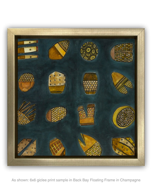 Abstract diptych featuring a charcoal background with deep green and blue undertones, adorned with 64 detailed objects and gold accents.