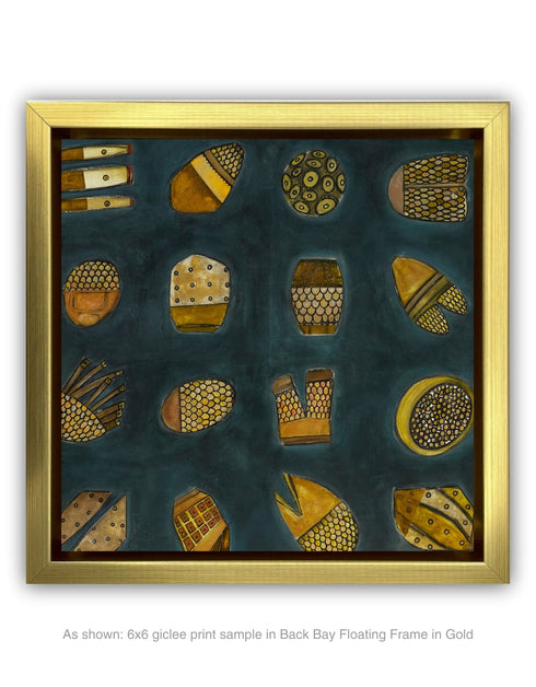 Abstract diptych featuring a charcoal background with deep green and blue undertones, adorned with 64 detailed objects and gold accents.