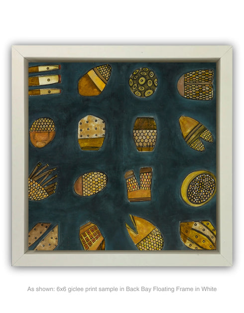 Abstract diptych featuring a charcoal background with deep green and blue undertones, adorned with 64 detailed objects and gold accents.