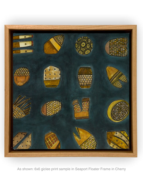 Abstract diptych featuring a charcoal background with deep green and blue undertones, adorned with 64 detailed objects and gold accents.