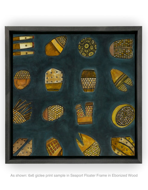 Abstract diptych featuring a charcoal background with deep green and blue undertones, adorned with 64 detailed objects and gold accents.