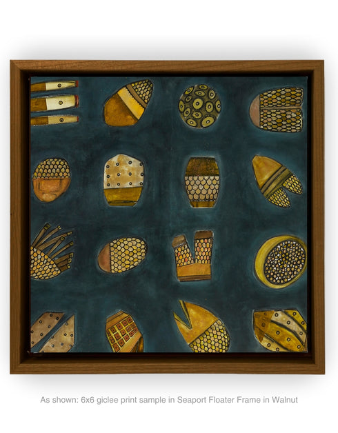 Abstract diptych featuring a charcoal background with deep green and blue undertones, adorned with 64 detailed objects and gold accents.