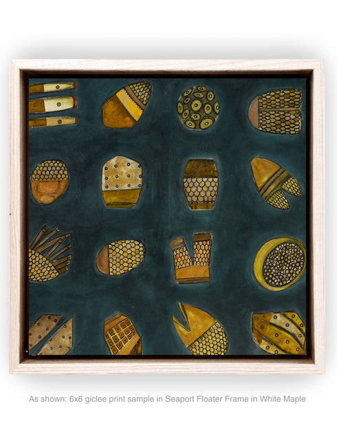 Abstract diptych featuring a charcoal background with deep green and blue undertones, adorned with 64 detailed objects and gold accents.