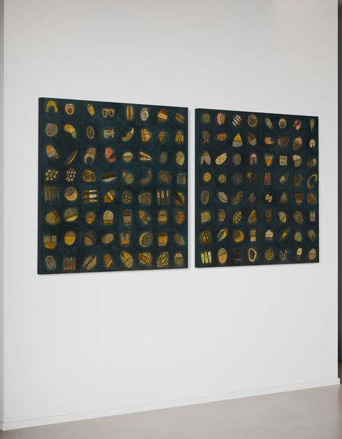 Abstract diptych featuring a charcoal background with deep green and blue undertones, adorned with 64 detailed objects and gold accents.