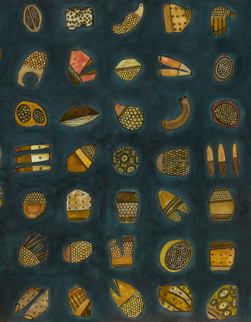 64.1 and 64.2, is a dark and elegant gold-toned limited edition print set by Seth B. Minkin, featuring intricate textures and sophisticated details, that capture whimsy in an organized array.