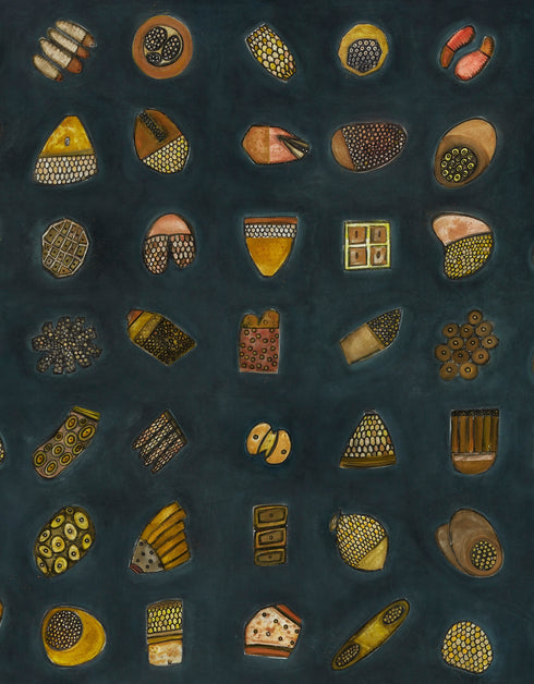 64.1 and 64.2, is a dark and elegant gold-toned limited edition print set by Seth B. Minkin, featuring intricate textures and sophisticated details, that capture whimsy in an organized array.