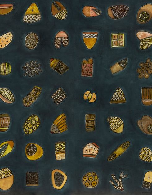 64.1 and 64.2, is a dark and elegant gold-toned limited edition print set by Seth B. Minkin, featuring intricate textures and sophisticated details, that capture whimsy in an organized array.