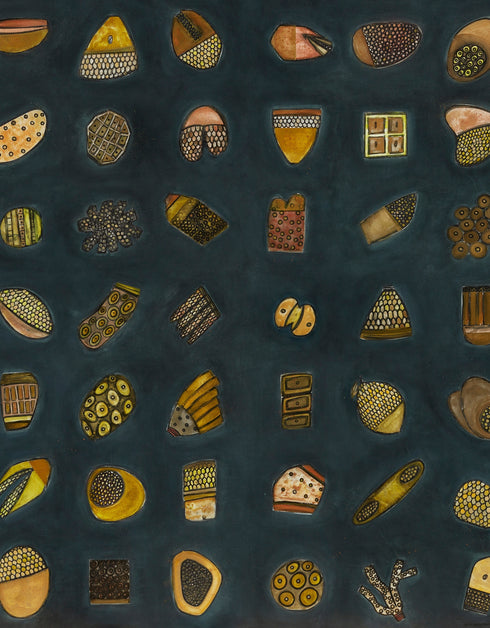 64.1 and 64.2, is a dark and elegant gold-toned limited edition print set by Seth B. Minkin, featuring intricate textures and sophisticated details, that capture whimsy in an organized array.