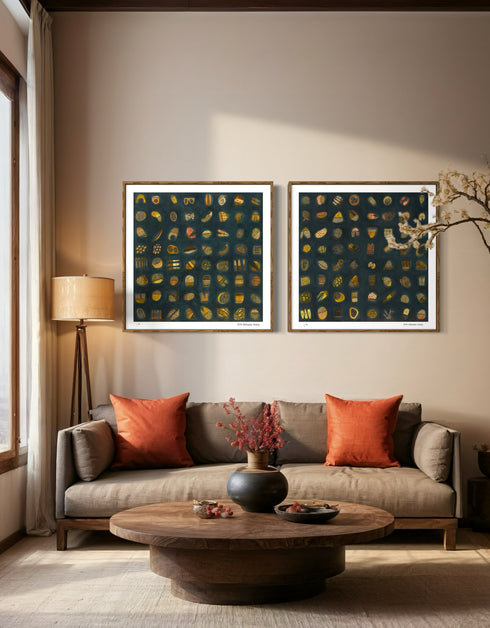 64.1 and 64.2, is a dark and elegant gold-toned limited edition print set by Seth B. Minkin, featuring intricate textures and sophisticated details, that capture whimsy in an organized array.