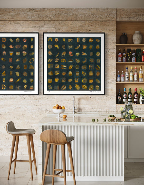64.1 and 64.2, is a dark and elegant gold-toned limited edition print set by Seth B. Minkin, featuring intricate textures and sophisticated details, that capture whimsy in an organized array.
