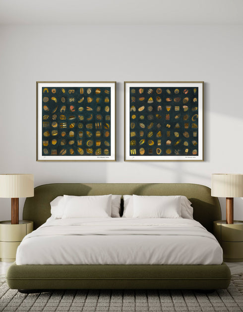 64.1 and 64.2, is a dark and elegant gold-toned limited edition print set by Seth B. Minkin, featuring intricate textures and sophisticated details, that capture whimsy in an organized array.