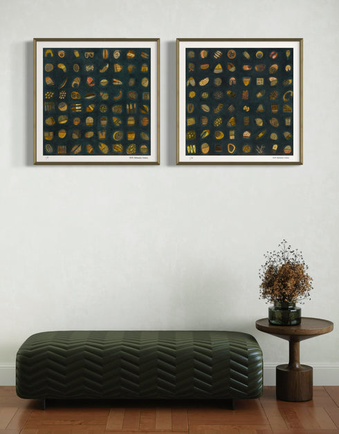 64.1 and 64.2, is a dark and elegant gold-toned limited edition print set by Seth B. Minkin, featuring intricate textures and sophisticated details, that capture whimsy in an organized array.