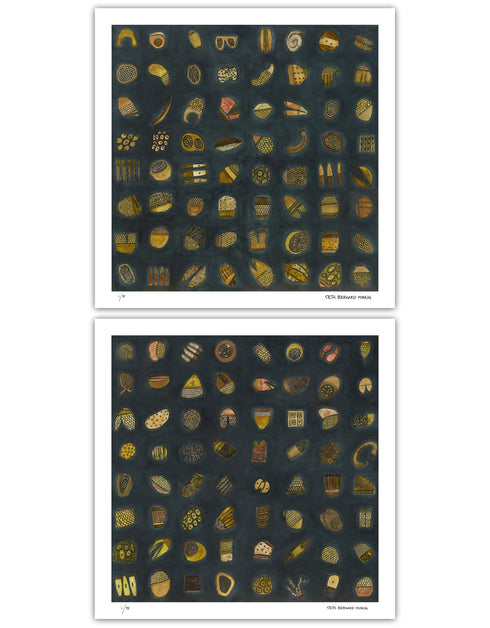 64.1 and 64.2, is a dark and elegant gold-toned limited edition print set by Seth B. Minkin, featuring intricate textures and sophisticated details, that capture whimsy in an organized array.