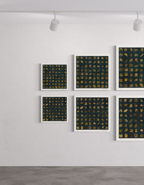 64.1 and 64.2, is a dark and elegant gold-toned limited edition print set by Seth B. Minkin, featuring intricate textures and sophisticated details, that capture whimsy in an organized array.