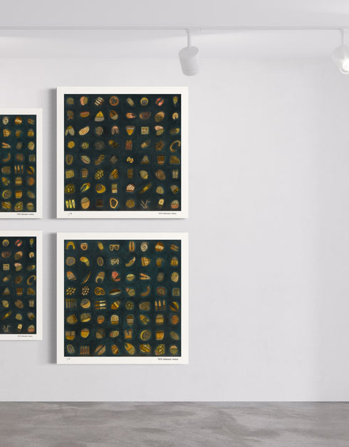64.1 and 64.2, is a dark and elegant gold-toned limited edition print set by Seth B. Minkin, featuring intricate textures and sophisticated details, that capture whimsy in an organized array.