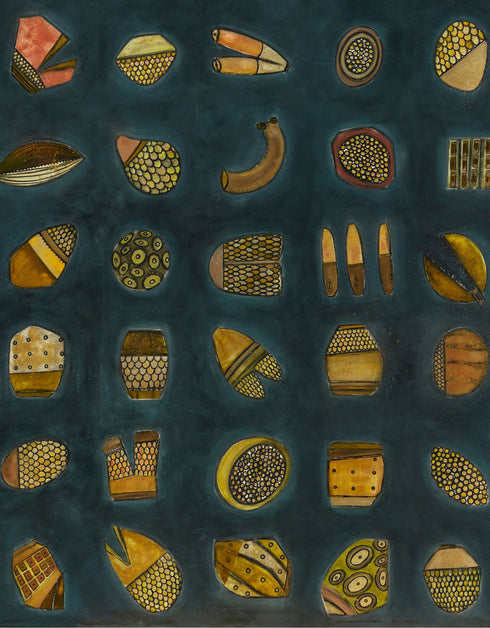 Abstract diptych featuring a charcoal background with deep green and blue undertones, adorned with 64 detailed objects and gold accents.