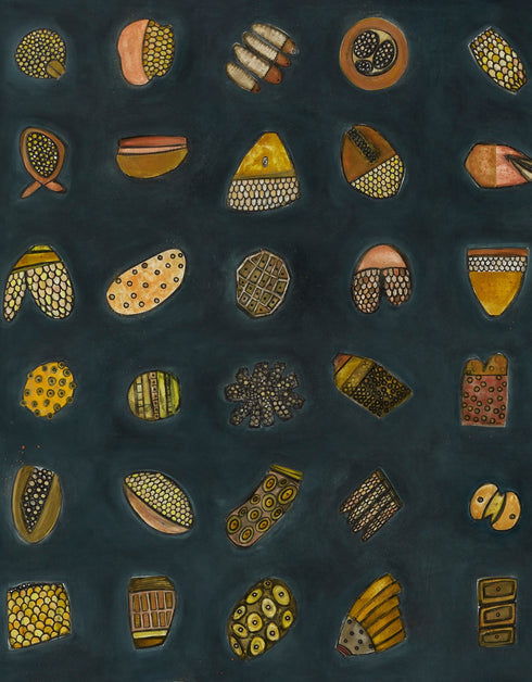 Abstract diptych featuring a charcoal background with deep green and blue undertones, adorned with 64 detailed objects and gold accents.