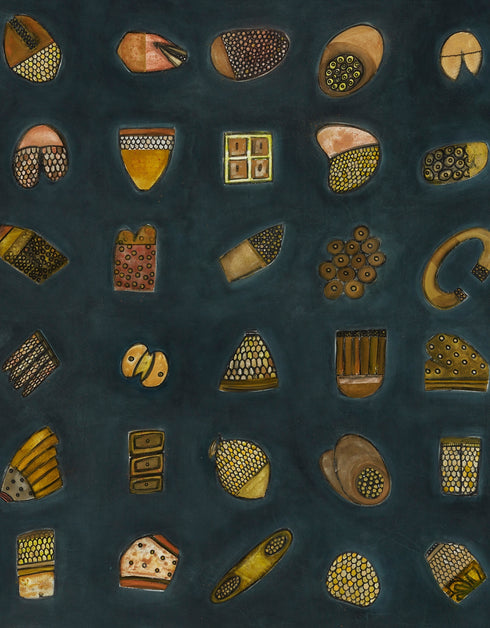 Abstract diptych featuring a charcoal background with deep green and blue undertones, adorned with 64 detailed objects and gold accents.