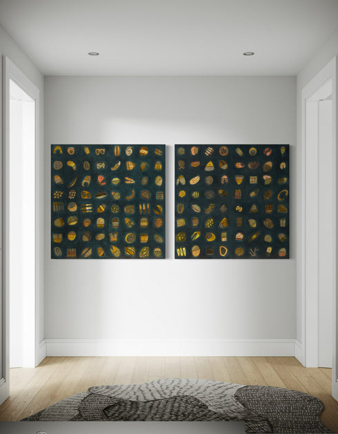 Abstract diptych featuring a charcoal background with deep green and blue undertones, adorned with 64 detailed objects and gold accents.