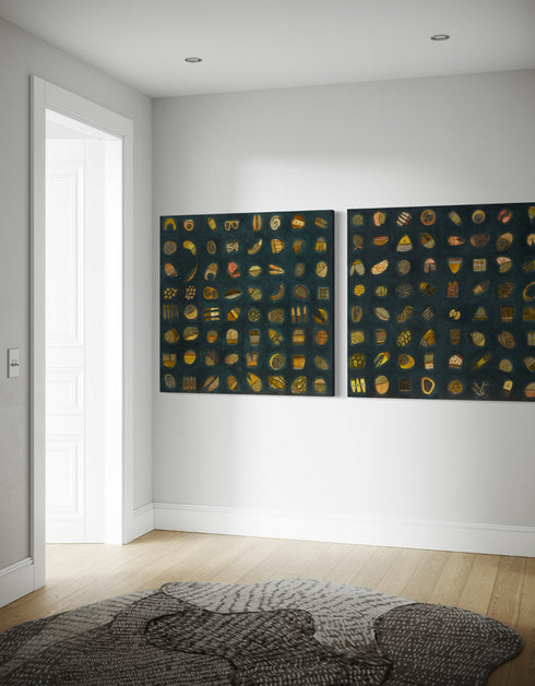 Abstract diptych featuring a charcoal background with deep green and blue undertones, adorned with 64 detailed objects and gold accents.