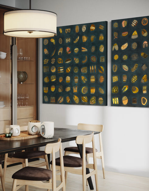 Abstract diptych featuring a charcoal background with deep green and blue undertones, adorned with 64 detailed objects and gold accents.