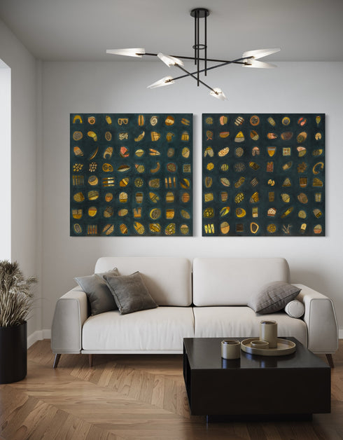 Abstract diptych featuring a charcoal background with deep green and blue undertones, adorned with 64 detailed objects and gold accents.