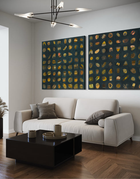 Abstract diptych featuring a charcoal background with deep green and blue undertones, adorned with 64 detailed objects and gold accents.