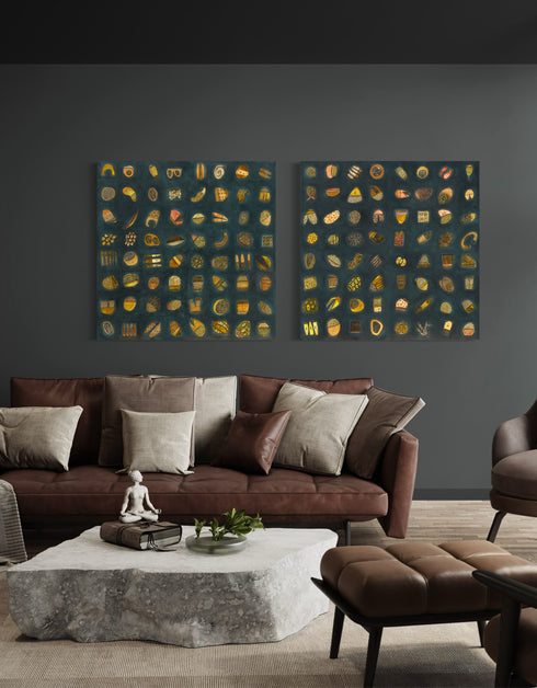 Abstract diptych featuring a charcoal background with deep green and blue undertones, adorned with 64 detailed objects and gold accents.