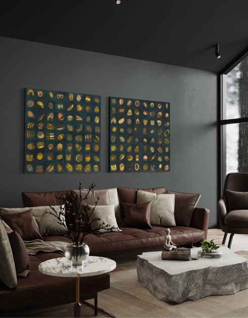 Abstract diptych featuring a charcoal background with deep green and blue undertones, adorned with 64 detailed objects and gold accents.