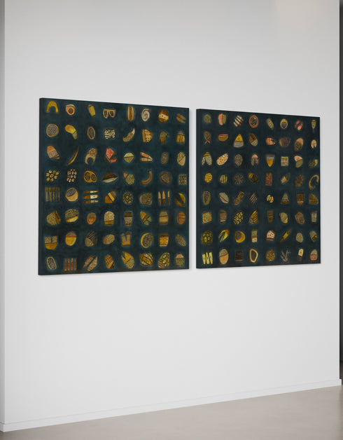 Abstract diptych featuring a charcoal background with deep green and blue undertones, adorned with 64 detailed objects and gold accents.