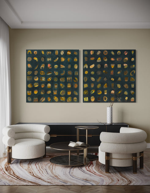 Abstract diptych featuring a charcoal background with deep green and blue undertones, adorned with 64 detailed objects and gold accents.