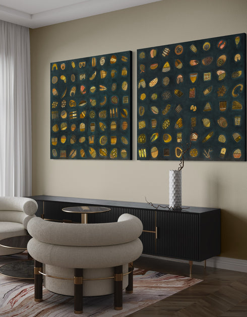 Abstract diptych featuring a charcoal background with deep green and blue undertones, adorned with 64 detailed objects and gold accents.