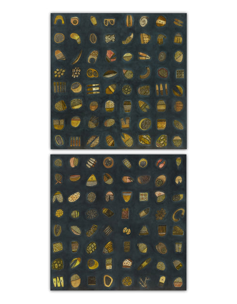 Abstract diptych featuring a charcoal background with deep green and blue undertones, adorned with 64 detailed objects and gold accents.