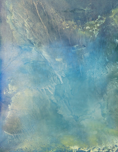 A stunning artwork featuring soft aquas and teals mimicking the iridescent interior of an abalone shell, with layered glazes capturing its ethereal translucence.