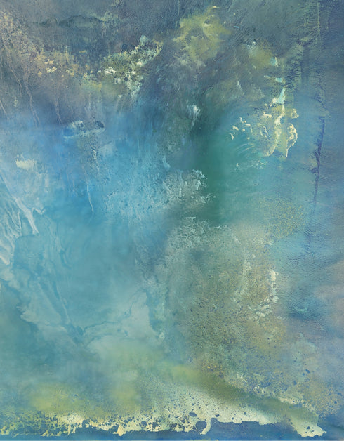 A stunning artwork featuring soft aquas and teals mimicking the iridescent interior of an abalone shell, with layered glazes capturing its ethereal translucence.