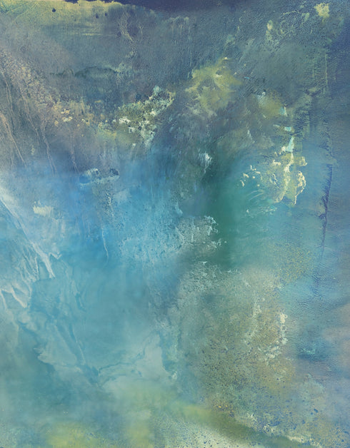 A stunning artwork featuring soft aquas and teals mimicking the iridescent interior of an abalone shell, with layered glazes capturing its ethereal translucence.