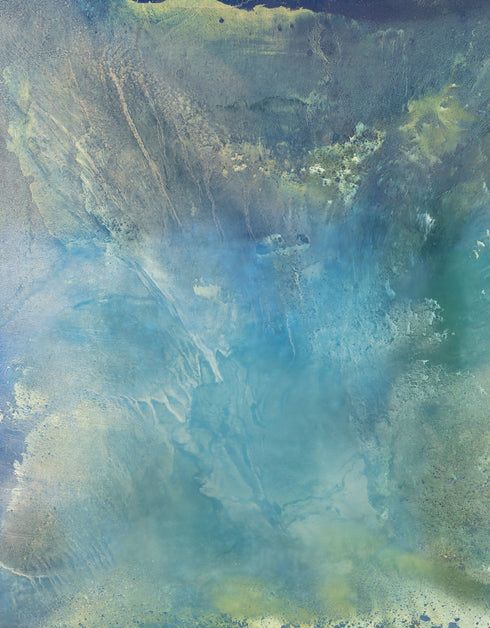 A stunning artwork featuring soft aquas and teals mimicking the iridescent interior of an abalone shell, with layered glazes capturing its ethereal translucence.