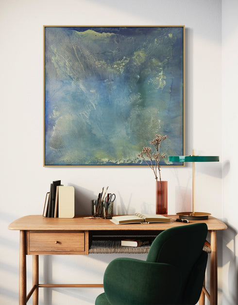 A stunning artwork featuring soft aquas and teals mimicking the iridescent interior of an abalone shell, with layered glazes capturing its ethereal translucence.