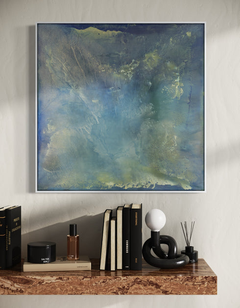 A stunning artwork featuring soft aquas and teals mimicking the iridescent interior of an abalone shell, with layered glazes capturing its ethereal translucence.